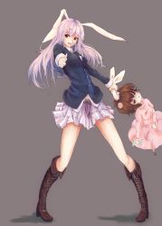 Rule 34 | 2girls, aiming, aiming at viewer, animal ears, blazer, boots, brown eyes, brown hair, cross-laced footwear, dress, finger gun, grabbing another&#039;s ear, grabbing another's ear, hand on another&#039;s ear, head bump, highres, holding by the ears, inaba tewi, jacket, knee boots, long hair, long sleeves, lumo 1121, multiple girls, open mouth, pink dress, purple hair, rabbit ears, red eyes, reisen udongein inaba, shirt, simple background, skirt, smile, touhou, very long hair