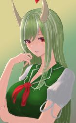 Rule 34 | 1girl, absurdres, breasts, dress, ex-keine, gradient background, green background, green dress, green hair, hand up, highres, horns, kamishirasawa keine, large breasts, long hair, looking at viewer, moriforest1040, multicolored hair, puffy short sleeves, puffy sleeves, red eyes, shirt, short sleeves, simple background, smile, solo, touhou, upper body