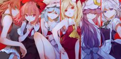 Rule 34 | 6+girls, blonde hair, blue eyes, braid, closed mouth, commentary request, crescent, crescent hat ornament, embodiment of scarlet devil, expressionless, feet out of frame, flandre scarlet, hair intakes, hat, hat ornament, head wings, highres, hong meiling, izayoi sakuya, koakuma, long hair, mob cap, multiple girls, one side up, patchouli knowledge, pointy ears, profile, purple eyes, purple hair, red background, red eyes, remilia scarlet, risui (suzu rks), side braids, sideways glance, touhou, twin braids, white headwear, wings, ||/