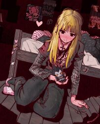Rule 34 | 1girl, amane misa, bed, blonde hair, blush, character doll, cross, cross necklace, death note, denim, heart, highres, indoors, jeans, jewelry, mushymoss, necklace, pants, pink socks, poster (object), ring, ryuk, smile, socks