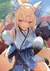 Rule 34 | 1girl, :3, :d, animal ear fluff, animal ears, animal hands, belt, black collar, blonde hair, blue belt, blue hair, blue kimono, blush, breasts, calligraphy brush, collar, dog ears, dog girl, dog paws, dog tail, floral print kimono, flower, fuwawa abyssgard, fuwawa abyssgard (new year), hair flower, hair ornament, highres, holding calligraphy brush, holding paintbrush, hololive, hololive english, japanese clothes, kimono, large breasts, long hair, multicolored hair, official alternate costume, open mouth, pink eyes, ponytail, short kimono, sleeveless, sleeveless kimono, smile, spiked collar, spikes, streaked hair, tail, virtual youtuber, yaki no yaki