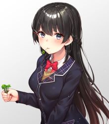 Rule 34 | 1girl, black hair, black jacket, blue eyes, blush, bow, bowtie, braid, clover, commentary request, four-leaf clover, hair ornament, hairclip, highres, jacket, kaerunoko, long hair, looking at viewer, mouth hold, nijisanji, school uniform, simple background, solo, tsukino mito, tsukino mito (1st costume), virtual youtuber