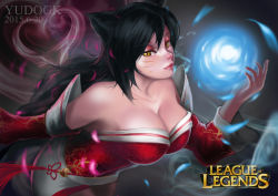 Rule 34 | 1girl, absurdres, ahri (league of legends), animal ears, artist name, bad id, bad pixiv id, bare shoulders, black hair, breasts, cleavage, copyright name, dated, detached sleeves, energy ball, facial mark, fox ears, highres, large breasts, league of legends, long hair, slit pupils, solo, whisker markings, yellow eyes, yuudokou shounen
