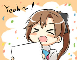 Rule 34 | &gt; &lt;, 10s, 1girl, :d, > <, akigumo (kancolle), bad id, bad pixiv id, blush stickers, bow, brown hair, engiyoshi, closed eyes, hair bow, hair ribbon, holding, kantai collection, long hair, looking at viewer, notebook, open mouth, ponytail, ribbon, school uniform, smile, solo, template, xd