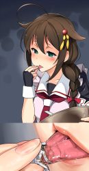 Rule 34 | 1girl, admiral (kancolle), ahoge, apron, black gloves, black hair, black serafuku, blue background, blue eyes, blush, braid, breasts, collarbone, cooking, ebizome, empty eyes, fingering, fingernails, giant, giantess, gloves, hair flaps, hair ornament, highres, kantai collection, long hair, looking at another, looking at viewer, medium breasts, necktie, official style, pot, red neckwear, remodel (kantai collection), school uniform, serafuku, shigure (kancolle), short sleeves, single braid, solo focus, sweatdrop, tasting, tongue, tongue out, upper body