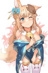 Rule 34 | 1girl, animal ears, azur lane, bare shoulders, bell, blonde hair, blue eyes, blush, breasts, closed mouth, cowboy shot, elbow gloves, fox ears, fox tail, ganesagi, gloves, headpat, highres, japanese clothes, jingle bell, kimono, large breasts, long hair, multiple tails, niizuki (azur lane), off shoulder, one eye closed, short kimono, solo focus, tail, tears, thighhighs, white thighhighs, wide sleeves