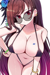 Rule 34 | 1girl, bangle, bikini, black-framed eyewear, blush, bracelet, breast tattoo, breasts, brown hair, destiny child, earrings, eve (destiny child), flower, gradient hair, hair flower, hair ornament, hand on own hip, heart, heart tattoo, jewelry, large breasts, long hair, looking at viewer, multicolored hair, navel, pout, red eyes, round eyewear, shiny skin, simple background, solo, sseopik, sunglasses, swimsuit, tattoo, thighs, very long hair, white background