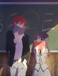 Rule 34 | 10s, 1boy, 1girl, ahoge, ai ai gasa, akabane karma, ansatsu kyoushitsu, belt, belt buckle, black hair, black jacket, black necktie, blazer, book, braid, buckle, buttons, cat princess, chalkboard, character print, classroom, collared shirt, contrapposto, covered mouth, dress shirt, eye contact, eyebrows, glasses, grey jacket, grey pants, grey skirt, hair between eyes, hair tie, hand in pocket, height difference, hetero, holding, holding book, indoors, jacket, koro-sensei, light particles, long hair, long sleeves, looking at another, necktie, okuda manami, open book, open clothes, open jacket, pants, pleated skirt, pocket, purple eyes, red hair, school, school uniform, shade, shadow, shirt, skirt, standing, twin braids, twintails, twitter username, untucked shirt, white shirt, wooden wall, yellow eyes