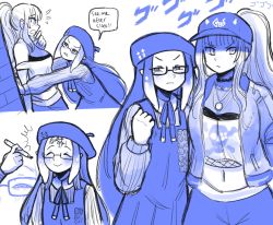 Rule 34 | 2girls, baseball cap, beret, blue theme, breasts, clenched hand, closed eyes, collared shirt, crop top, dress, english text, flat chest, forehead, hair behind ear, half-closed eyes, hat, highres, holding, holding marker, hololive, hololive english, jacket, kabedon, leggings, long hair, marker, medium breasts, monochrome, mori calliope, mori calliope (streetwear), multiple girls, navel, ninomae ina&#039;nis, ninomae ina&#039;nis (casual), official alternate costume, open mouth, pie (aipiepo), ponytail, shirt, signature, smile, speech bubble, surprised, tentacle hair, very long hair, virtual youtuber