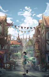 Rule 34 | 1boy, absurdres, banner, black footwear, black hair, blue eyes, blue sky, braid, brick, building, bunting, capelet, city, cloud, cloudy sky, day, fantasy, flower, from behind, genshin impact, gradient hair, green capelet, green hat, green shorts, hat, hat flower, highres, lamppost, leggings, long sleeves, looking at viewer, male focus, multicolored hair, plant, railing, road, selyn, short hair with long locks, shorts, signature, sky, smile, solo, stairs, standing, standing on one leg, trap, venti (genshin impact), vines