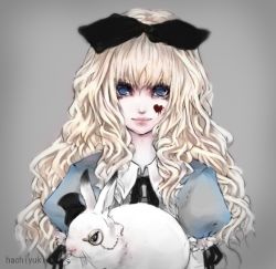 Rule 34 | 1girl, alice (alice in wonderland), alice in wonderland, blonde hair, blue eyes, blunt bangs, bow, card, curly hair, eyelashes, facial mark, gradient background, hachiyuki, hair bow, hat, heart, light smile, lips, long hair, looking at viewer, monocle, monocle chain, puffy sleeves, rabbit, ribbon, smile, solo, top hat, wavy hair
