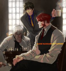 Rule 34 | 3boys, black hair, board game, chair, chess, closed mouth, collar, copyright name, cup, dark skin, fang, formal, glasses, holding, holding cup, housui (g3hopes), kekkai sensen, klaus von reinhertz, long sleeves, looking at another, male focus, manly, multiple boys, red hair, red neckwear, short hair, sitting, standing, steven a. starphase, suit, white hair, yellow neckwear, zap renfro