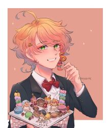 Rule 34 | 1girl, absurdres, black suit, bow, bowtie, breasts, emma (yakusoku no neverland), food, formal, green eyes, hair ornament, highres, long sleeves, medium breasts, medium hair, norman (yakusoku no neverland), orange hair, parfaitrine, ray (yakusoku no neverland), red bow, red bowtie, shirt, smile, solo, suit, teeth, white shirt, yakusoku no neverland
