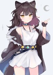 Rule 34 | 1girl, animal ears, arknights, black collar, black gloves, brown coat, brown hair, coat, collar, cowboy shot, dress, earclip, fingerless gloves, fur-trimmed coat, fur trim, gloves, hand up, highres, index finger raised, long hair, looking at viewer, lunacub (arknights), off shoulder, open clothes, open coat, solo, tail, white dress, wolf ears, wolf girl, wolf tail, yaco n, yellow eyes
