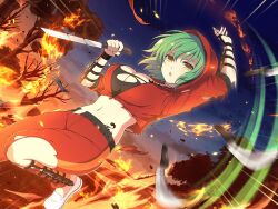 Rule 34 | 1girl, arm guards, arm sheath, black sports bra, breast tattoo, breasts, burning, choker, cleavage, combat knife, earrings, fire, fire, green hair, hikage (senran kagura), holding, holding knife, holding weapon, hood, hood up, hooded track jacket, jacket, jewelry, knife, large breasts, looking at viewer, machete, motion blur, motion lines, navel, official alternate costume, official art, open mouth, pants, red track suit, reverse grip, senran kagura, senran kagura burst, senran kagura new link, senran kagura shoujo-tachi no shin&#039;ei, sheath, shirt, short hair, slit pupils, snake tattoo, solo, sports bra, tattoo, throwing, throwing knife, torn clothes, torn jacket, torn pants, torn shirt, torn sports bra, track jacket, track pants, weapon, white footwear, wildfire, yaegashi nan, yellow eyes