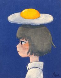 Rule 34 | 1girl, blue background, blue eyes, bob cut, brown hair, canvas (medium), closed mouth, collared shirt, food, food on head, fried egg, from side, highres, object on head, original, portrait, profile, shirt, short hair, signature, simple background, smile, solo, tokunaga aoi, traditional media, white shirt