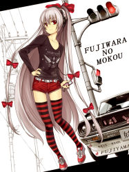 Rule 34 | 1girl, alternate costume, bad id, bad pixiv id, belt, bow, car, casual, cat, character name, clothes writing, contemporary, digital media player, female focus, fujiwara no mokou, hair bow, hair ribbon, hand on own hip, headphones, hip focus, ipod, long hair, looking at viewer, motor vehicle, nissan, nissan skyline, nissan skyline c110, ofuda, pole, power lines, red eyes, red thighhighs, ribbon, shirt, shoes, shorts, smile, sneakers, solo, striped clothes, striped thighhighs, t-shirt, takemori shintarou, thigh gap, thighhighs, touhou, traffic light, vehicle, very long hair, white hair