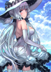 Rule 34 | 1girl, ahoge, ass, azur lane, bare shoulders, blue eyes, blue sky, blush, breasts, closed mouth, cloud, cowboy shot, day, denchu (kazudentyu), dress, elbow gloves, from behind, gloves, hair ornament, hair ribbon, hat, highres, illustrious (azur lane), lace-trimmed hat, lace trim, long hair, looking at viewer, looking back, low twintails, medium breasts, outdoors, ribbon, skirt hold, sky, smile, solo, strapless, strapless dress, sun hat, thighhighs, thighs, twintails, water, white dress, white gloves, white hair, white hat