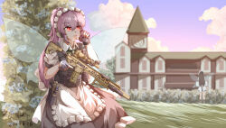 Rule 34 | 2girls, absurdres, apron, black dress, black gloves, black hair, blue sky, blurry, blurry background, chinese commentary, cloud, commentary request, dated, dress, fairy maid (touhou), fairy wings, fingerless gloves, gloves, gun, handgun, highres, long hair, maid headdress, multiple girls, open mouth, outdoors, purple hair, pzgr.40, red eyes, rifle, scarlet devil mansion, sig mcx, sig p220/p226, signature, sky, solo focus, touhou, transparent wings, waist apron, weapon, white apron, wings