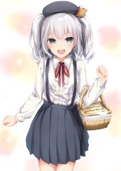 Rule 34 | 10s, 1girl, :d, aged down, alternate costume, basket, beret, blue eyes, blush, center frills, clenched hands, collared shirt, cowboy shot, dress shirt, eyebrows, food, frills, fueru nattou, grey hat, hair ornament, hat, kantai collection, kashima (kancolle), lace trim, long sleeves, looking at viewer, neck ribbon, open mouth, picnic basket, pleated skirt, red ribbon, ribbon, sandwich, shirt, sidelocks, silver hair, skirt, smile, solo, sparkle, standing, striped, suspender skirt, suspenders, two side up, wavy hair, white shirt