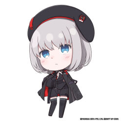 Rule 34 | 1girl, belt, beret, black belt, black coat, black hat, black shorts, black thighhighs, blue eyes, bridal gauntlets, chibi, closed mouth, coat, coat on shoulders, commentary, english commentary, full body, goddess of victory: nikke, grey hair, hat, highres, light frown, long sleeves, looking at viewer, medium hair, official art, open clothes, open coat, raised eyebrows, short shorts, shorts, solo, standing, thighhighs, totatokeke, vesti (nikke)