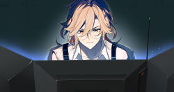 Rule 34 | 1boy, alternate costume, bespectacled, black background, blonde hair, collarbone, commentary, computer, contemporary, double-parted bangs, english commentary, eyewear strap, genshin impact, glasses, hair between eyes, highres, kaveh (genshin impact), looking at object, male focus, medium hair, monitor, multiple monitors, portrait, red eyes, semi-rimless eyewear, shirt, smile, solo, suspenders, suyako (suya93), under-rim eyewear, white shirt