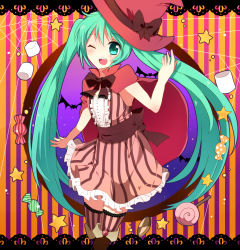 Rule 34 | 1girl, ao ringo, blue eyes, blue hair, blush, bow, bowtie, dress, hat, hatsune miku, highres, long hair, looking at viewer, matching hair/eyes, puffy short sleeves, puffy sleeves, red bow, red bowtie, short sleeves, solo, striped, tareme, twintails, vertical stripes, very long hair, vocaloid, witch hat