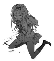 Rule 34 | 1girl, absurdres, bleeding, blood, blood stain, bruise, bruise on face, collared shirt, crying, crying with eyes open, full body, greyscale, hairband, highres, injury, jacket, kirarazaka marina, kneehighs, long hair, marimo shounen, monochrome, neck ribbon, open clothes, open jacket, pleated skirt, ribbon, scar, scar on face, school uniform, shirt, simple background, sketch, skirt, socks, solo, takopii no genzai, tears