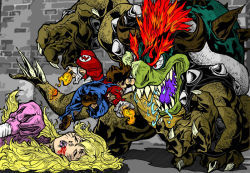 Rule 34 | 1boy, 1girl, angry, bad end, battle, blonde hair, blood, body hair, bowser, brown hair, castle, claws, corpse, death, dress, energy, epic, facial hair, fangs, fire, giga bowser, gloves, hat, injury, jumping, long hair, manly, mario, mario (series), monster, mustache, nintendo, princess peach, saliva, torn clothes, unconscious