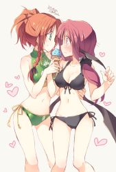 Rule 34 | 2girls, alternate costume, alternate hairstyle, bare shoulders, bat wings, bikini, blush, bow, braid, breasts, cleavage, contrapposto, embarrassed, eye contact, food, front-tie top, green eyes, hair bow, hair up, hand on another&#039;s back, heart, hong meiling, ice cream, koakuma, large breasts, long hair, looking at another, multiple girls, navel, orange hair, red eyes, revision, satou kibi, shared food, side-tie bikini bottom, simple background, sketch, standing, swimsuit, touhou, translation request, twin braids, white background, wide-eyed, wings, yuri
