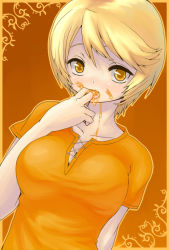 Rule 34 | 1girl, blonde hair, breasts, cleavage, eating, finger in own mouth, honey, lileas, mabinogi, man (man-room), orange shirt, sexually suggestive, shirt, short hair, solo, yellow eyes