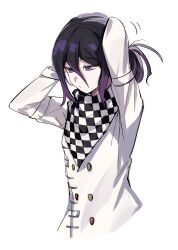 Rule 34 | 1boy, :/, absurdres, alternate hairstyle, black hair, bojue (hakus 1128), buttons, checkered clothes, checkered scarf, closed mouth, danganronpa (series), danganronpa v3: killing harmony, hair between eyes, highres, jacket, long sleeves, male focus, oma kokichi, pink eyes, ponytail, purple hair, scarf, solo, upper body, white jacket