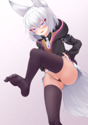 Rule 34 | absurdres, animal ears, ashfair, black panties, black thighhighs, blush, commission, evil smile, feet, foot focus, fox ears, fox girl, fox tail, hair ornament, hands on own hips, highres, jacket, leg up, long hair, long sleeves, looking down, necktie, no shoes, open mouth, panties, phase connect, pixiv commission, purple eyes, shirt, simple background, skirt, smile, soles, tail, tenma maemi, thighhighs, toes, underwear, virtual youtuber, white background, white hair, yellow shirt