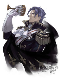 Rule 34 | 1boy, ace attorney, ascot, barok van zieks, blue eyes, cape, copyright name, cup, drinking glass, epaulettes, gloves, grey hair, highres, male focus, parted bangs, rokuji, scar, solo, the great ace attorney, the great ace attorney: adventures, upper body, white background, white gloves, wine glass