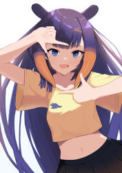 Rule 34 | 1girl, absurdres, blue eyes, finger frame, highres, hololive, hololive english, long hair, looking at viewer, melonkatsu, midriff, navel, ninomae ina&#039;nis, open mouth, purple hair, shirt, simple background, skirt, solo, t-shirt, upper body, very long hair, virtual youtuber, white background, yellow shirt