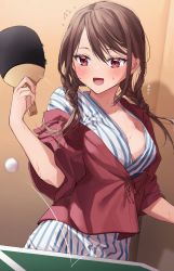 Rule 34 | 1girl, ball, blush, braid, breasts, brown hair, chigusa minori, cleavage, commentary, commentary request, cowboy shot, hair between eyes, indoors, japanese clothes, kimono, medium breasts, medium hair, motion blur, motion lines, no bra, off shoulder, open mouth, original, paddle, partial commentary, red eyes, shadow, solo, striped clothes, striped kimono, sweat, sweatdrop, table tennis, table tennis ball, table tennis paddle, translated, twin braids, vertical-striped clothes, vertical-striped kimono, yukata