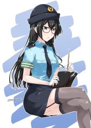 Rule 34 | 1girl, alternate costume, black-framed eyewear, black hair, black thighhighs, blue eyes, crossed legs, crossover, death note, death note (object), garter straps, gloves, hat, kantai collection, long hair, mikage takashi, necktie, ooyodo (kancolle), open mouth, pen, police, police hat, police uniform, policewoman, solo, thighhighs, uniform, white gloves