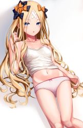 Rule 34 | 1girl, :o, abigail williams (fate), absurdres, arm at side, bare arms, bare shoulders, black bow, blonde hair, blush, bow, bow panties, camisole, camisole lift, clothes lift, collarbone, commentary request, crossed bandaids, fate/grand order, fate (series), gradient background, grey background, hair bow, hand up, highres, long hair, looking at viewer, navel, orange bow, panties, parted bangs, parted lips, sanpeita, solo, stomach, underwear, underwear only, very long hair, white background, white camisole, white panties