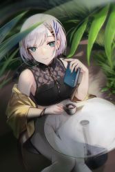 Rule 34 | 1girl, absurdres, anizi, bad id, bad pixiv id, bare shoulders, black shirt, blue eyes, book, braid, closed mouth, cup, ear piercing, feet out of frame, from above, green nails, grey hair, grey pants, highres, holding, holding book, hololive, hololive indonesia, jacket, looking at viewer, nail polish, off shoulder, open clothes, open jacket, pants, pavolia reine, pavolia reine (street), piercing, shirt, sitting, sleeveless, sleeveless shirt, smile, solo, table, teacup, virtual youtuber, yellow jacket