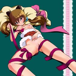Rule 34 | 1girl, alisa southerncross, ashinoura, bad id, bad pixiv id, blush, bow, breasts, brown hair, camisole, chemise, keroro gunsou, long hair, lying, naked ribbon, nipples, on back, pillow, pussy, red eyes, ribbon, small breasts, solo, spread legs, strap slip, twintails