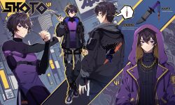 Rule 34 | 1boy, absurdres, bishounen, black hair, black nails, blue eyes, chain, chain necklace, character sheet, full body, gold chain, hen-tie, highres, holding, holding knife, indie virtual youtuber, jacket, jewelry, knife, long sleeves, looking at viewer, male focus, necklace, official art, purple jacket, short hair, shoto (vtuber), standing, sword earrings, virtual youtuber