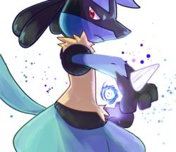 Rule 34 | 1boy, animal ears, animal hands, aura sphere (pokemon), black fur, blue fur, body fur, closed mouth, creatures (company), energy ball, from side, furry, furry male, game freak, gen 4 pokemon, hands up, hao (pixiv 10705622), looking at viewer, lowres, lucario, male focus, multicolored fur, nintendo, pokemon, pokemon (creature), pokemon move, red eyes, simple background, snout, solo, spikes, standing, tail, white background, wolf boy, wolf ears, wolf tail, yellow fur