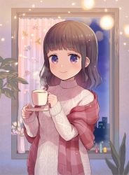 Rule 34 | 1girl, aran sweater, bad id, bad pixiv id, black hair, breasts, cable knit, closed mouth, commentary request, cup, curtains, fringe trim, hands up, holding, holding cup, holding saucer, inase, indoors, long sleeves, looking at viewer, original, purple eyes, red scarf, saucer, scarf, sleeves past wrists, small breasts, smile, solo, standing, steam, sweater, upper body, white sweater, window