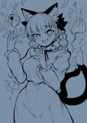 Rule 34 | 1girl, :d, \||/, animal ear fluff, animal ears, blunt bangs, braid, breasts, cat ears, cat tail, cowboy shot, fire, fire, hands up, hitodama, juliet sleeves, kaenbyou rin, large breasts, long sleeves, looking at viewer, mizuga, monochrome, multiple tails, nail polish, nekomata, open mouth, pointy ears, puffy sleeves, slit pupils, smile, solo, tail, touhou, twin braids, two tails, uneven eyes