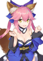 Rule 34 | 1girl, :d, animal ears, bad id, bad pixiv id, bare shoulders, blue kimono, blush, bow, breasts, cleavage, dabuki, detached collar, fang, fate (series), fox ears, fox tail, hair bow, hands up, highres, japanese clothes, kimono, long hair, long sleeves, looking at viewer, medium breasts, obi, open mouth, ponytail, purple bow, sash, sidelocks, smile, solo, sweatdrop, tail, tamamo (fate), tamamo no mae (fate/extra), tareme, twintails, upper body, w arms, wide sleeves