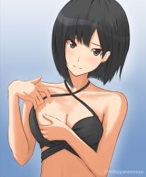 Rule 34 | 1girl, adjusting clothes, adjusting swimsuit, aged up, amagami, asymmetrical bangs, bare shoulders, bikini, black bikini, black hair, blush, bob cut, breasts, closed mouth, commentary, criss-cross halter, earrings, halterneck, jewelry, looking at viewer, medium breasts, mitojyaneeeeyo, nanasaki ai, short hair, simple background, smile, solo, swimsuit, twitter username