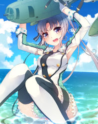 Rule 34 | 10s, 1girl, :d, aircraft, airplane, akitsushima (kancolle), armpit cutout, armpits, arms up, blue sky, blush, breasts, clothing cutout, cloud, day, earrings, fuuen (akagaminanoka), green skirt, highres, holding, horizon, jewelry, kantai collection, knees up, long hair, long sleeves, looking at viewer, medium breasts, miniskirt, open mouth, outdoors, panties, pantyshot, parted bangs, pink panties, polka dot, propeller, purple eyes, side ponytail, silver hair, sitting, skirt, sky, sleeves rolled up, smile, solo, solo focus, thigh strap, thighhighs, underwear, very long hair, water
