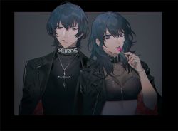 Rule 34 | 1boy, 1girl, alternate costume, black background, blue eyes, blue hair, byleth (female) (fire emblem), byleth (fire emblem), byleth (male) (fire emblem), candy, choker, closed mouth, cross, fire emblem, fire emblem: three houses, fishnet top, fishnets, food, goth fashion, gothic, highres, jacket, jewelry, licking, lollipop, looking at viewer, moofn, necklace, nintendo, open mouth, punkish gothic, short hair, simple background, tongue, tongue out, upper body