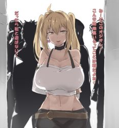Rule 34 | 1girl, alley, blonde hair, breasts, large breasts, saaya (kirome), translation request, twintails