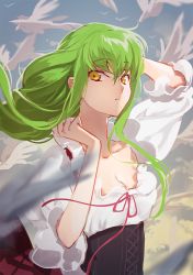 Rule 34 | 1girl, arm behind head, braid, breasts, c.c., code geass, commentary request, creayus, day, dress, feathers, floating hair, fringe trim, green hair, long hair, looking at viewer, medium breasts, outdoors, parted lips, puffy sleeves, short sleeves, sidelocks, sky, upper body, yellow eyes
